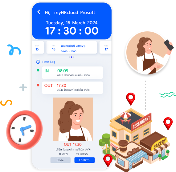 บันทึกเวลาเข้า – ออกงาน แม่นยำ
				ผ่าน Application